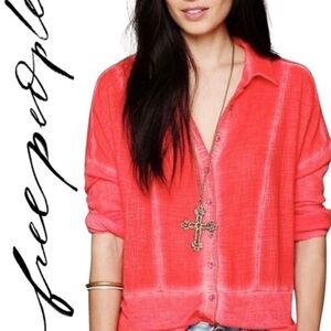 Free People We The Free Coral Zahara Gauze Button Down Long Sleeve Top Size XS